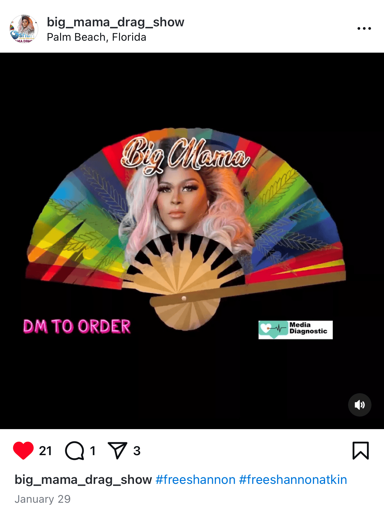 A closeup of Shannon's (Big Mama's) signature merch, a rainbow colored fan.